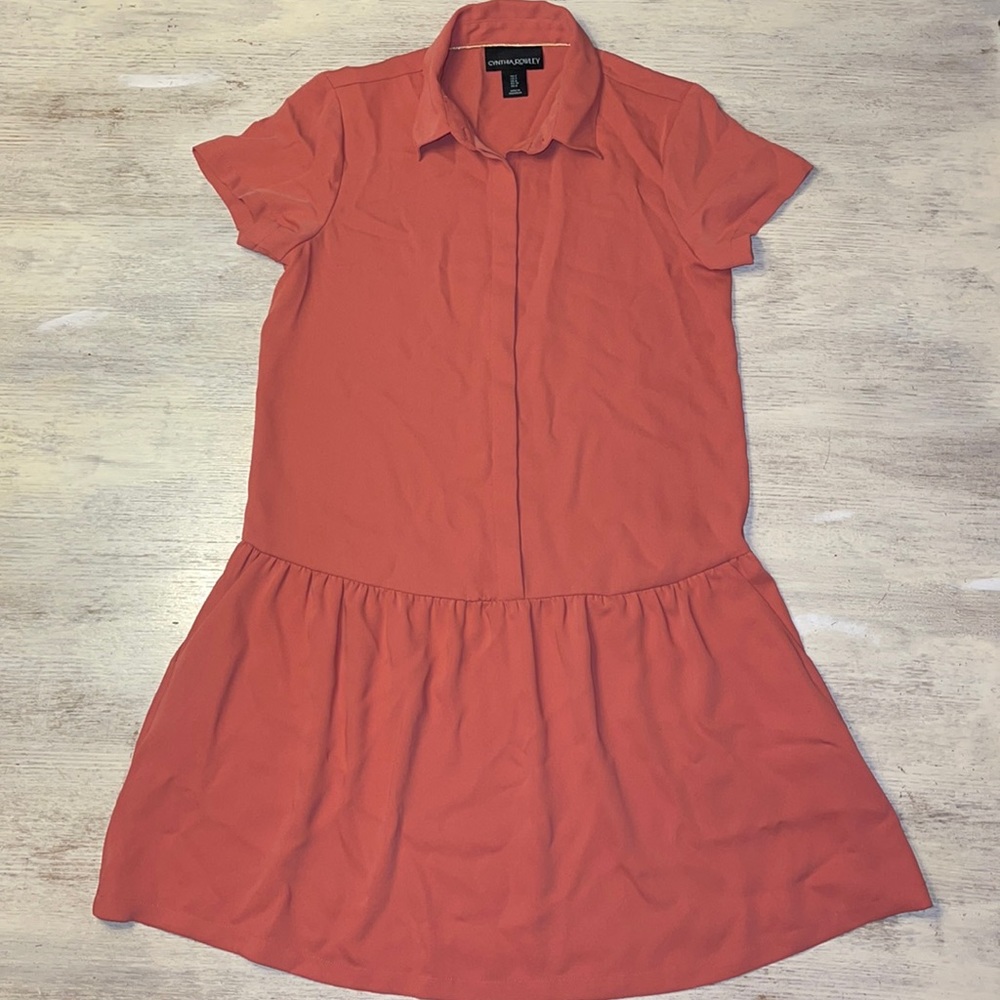 EUC Cynthia Rowley Salmon Pink Drop Waist Short Sleeve Shirt Dress Size 2
